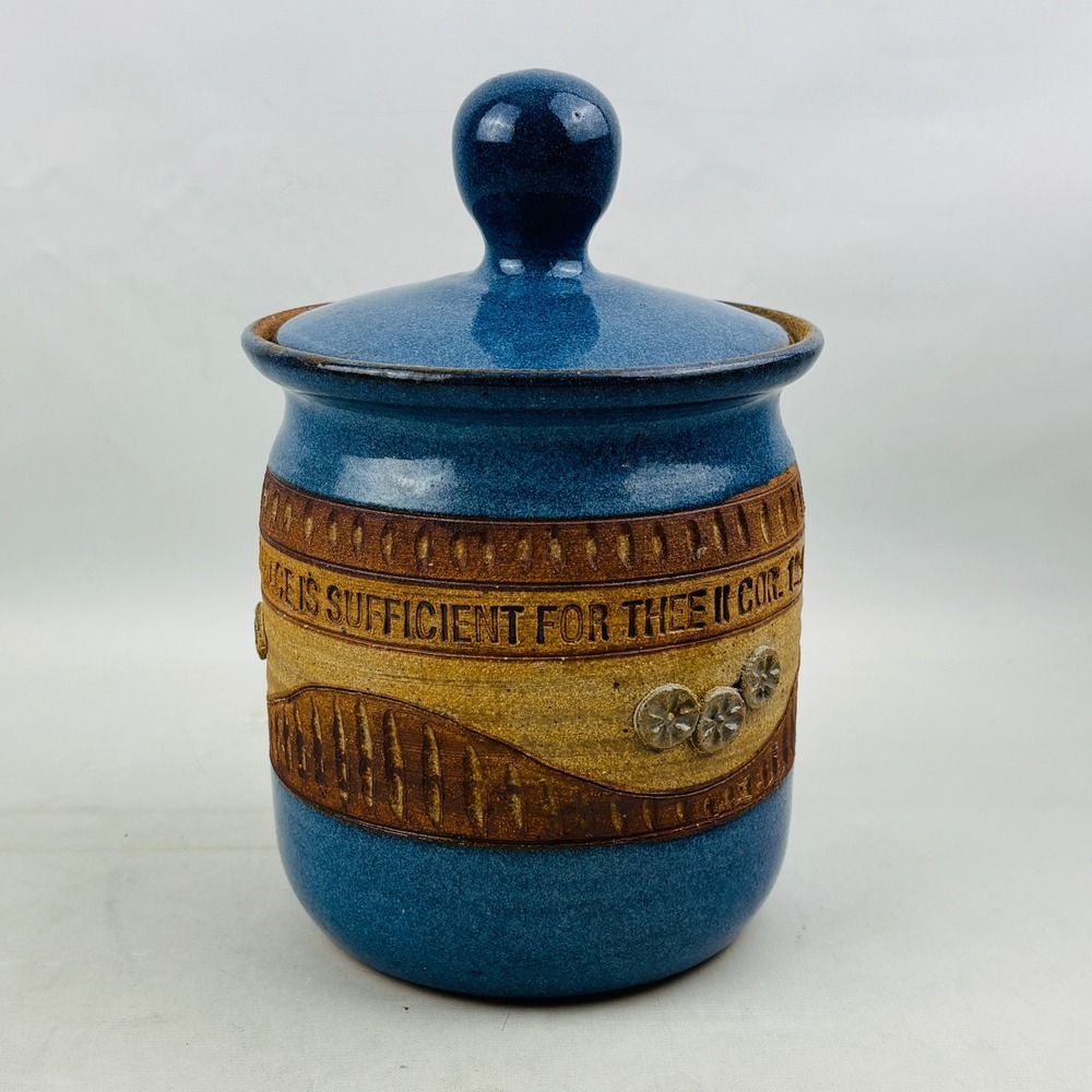 Down to Earth Pottery Canister Blue Stoneware My Grace Is Sufficient II Cor 12:9